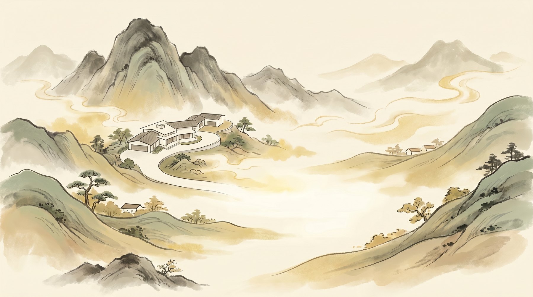 An artistic Feng Shui landscape representation of Golden Ridge Estate in the auspicious armchair formation